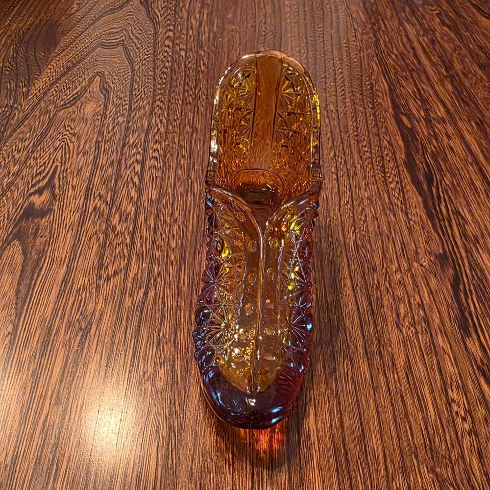 Vintage Amber Glass Slipper Figurine Daisy and Button Pattern Shoe Trinket Dish